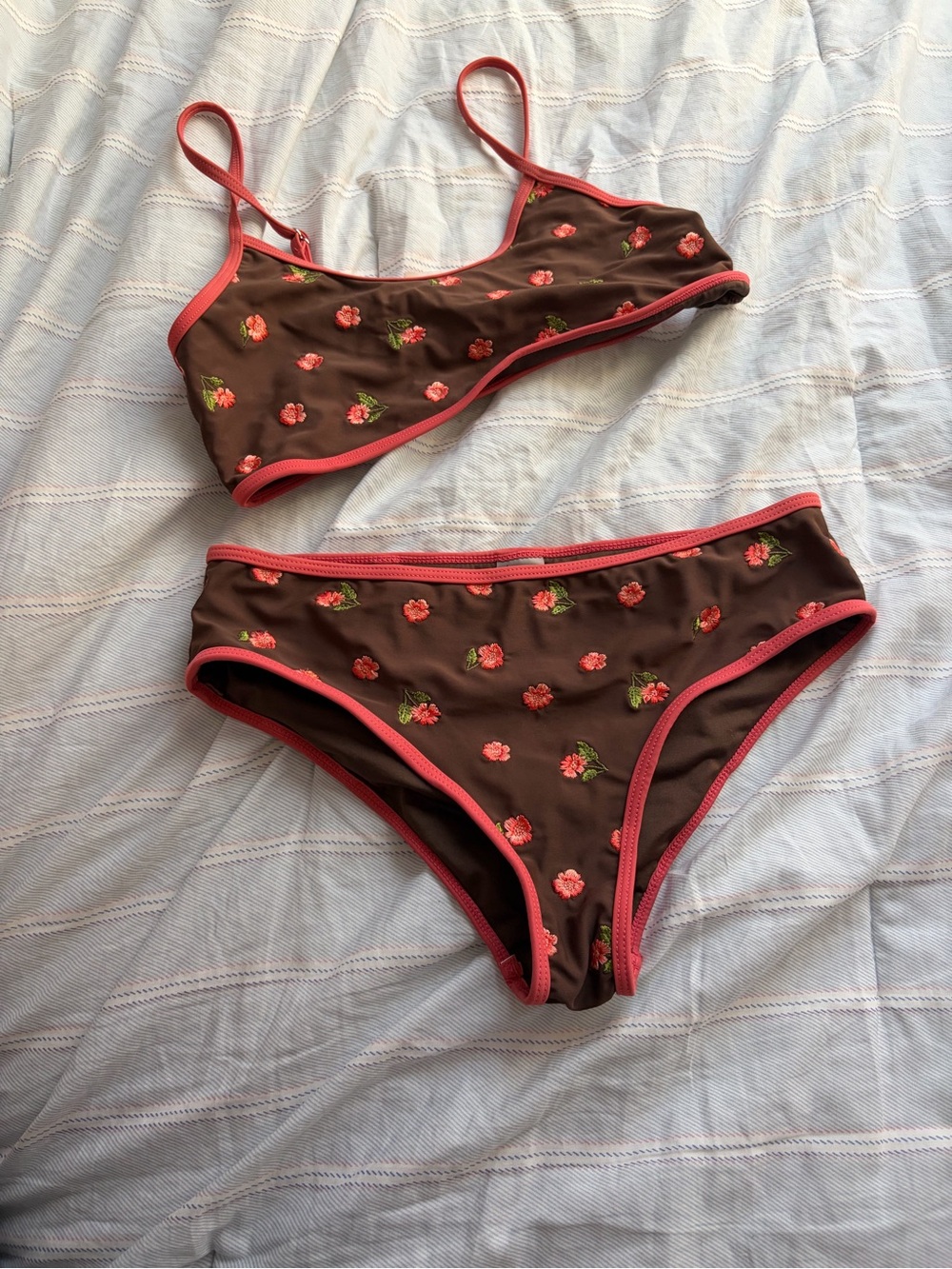 Girls Brown Floral Bikini Set with Pink Trim